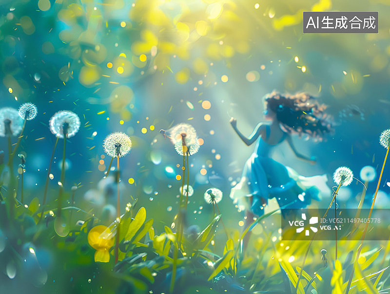 【AI数字艺术】微缩景观蒲公英与小女孩图片素材
