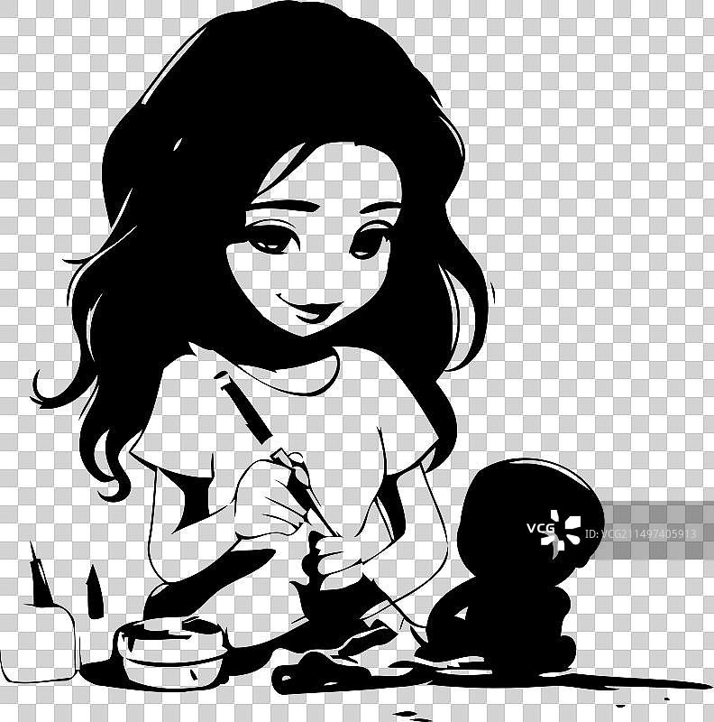 可爱小女孩用画笔给玩偶上色图片素材