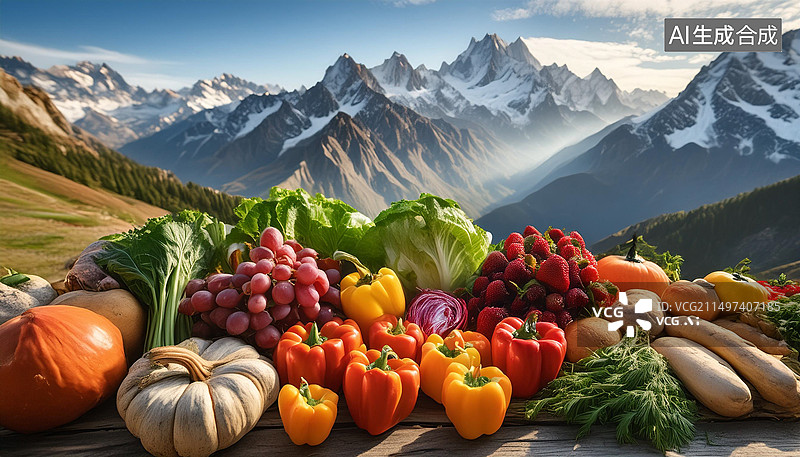 【AI数字艺术】雪山下的丰收的食物图片素材