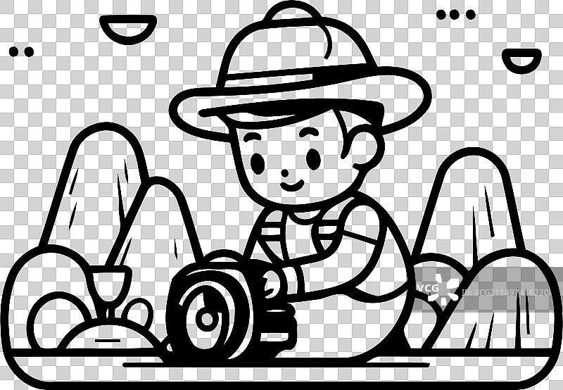 戴着狩猎帽坐在山上的可爱男孩图片素材