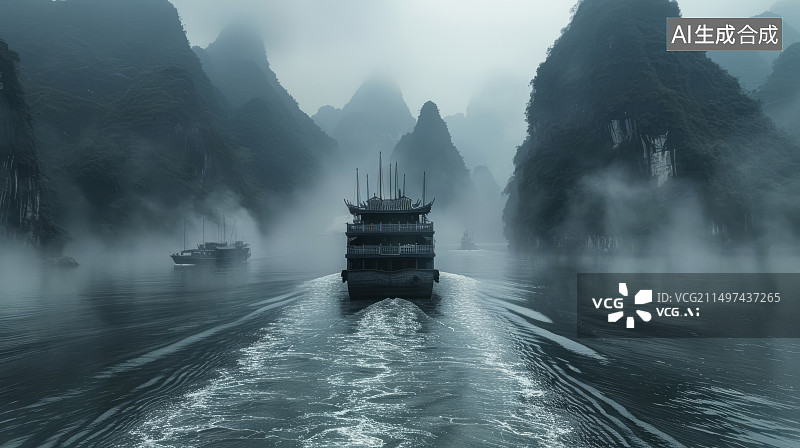 【AI数字艺术】中国桂林山水自然风光和游船景观图片素材