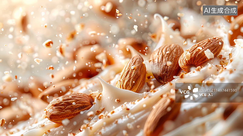 【AI数字艺术】空中飞舞的杏仁和丝滑的牛奶飞溅场景图片素材