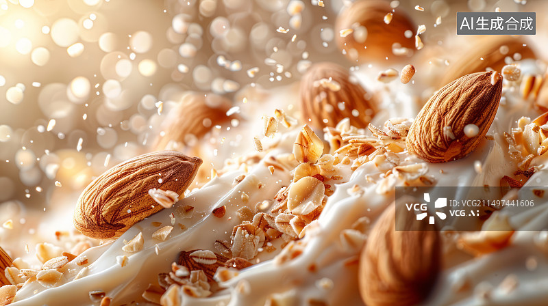 【AI数字艺术】空中飞舞的杏仁和丝滑的牛奶飞溅场景图片素材