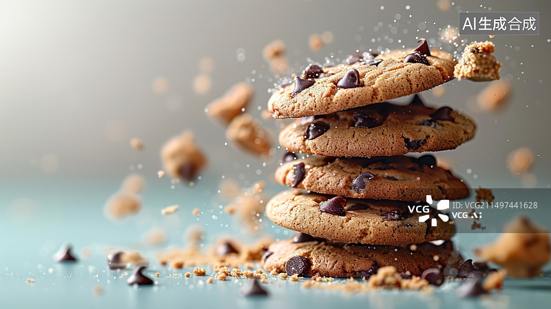 【AI数字艺术】新鲜烘焙的巧克力曲奇饼干空中飞舞跳动特写图片素材