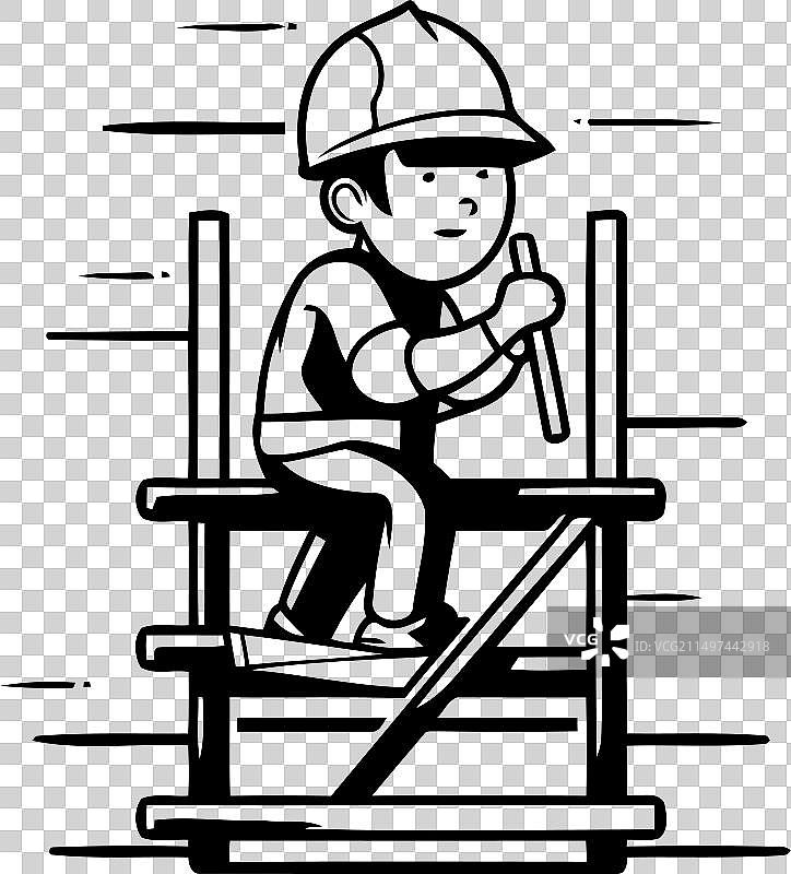 戴头盔穿工装的工人在梯子上图片素材