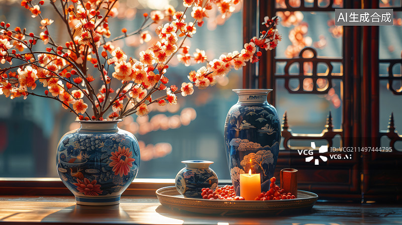 【AI数字艺术】传统中式家具上的梅瓶梅花和摆件图片素材