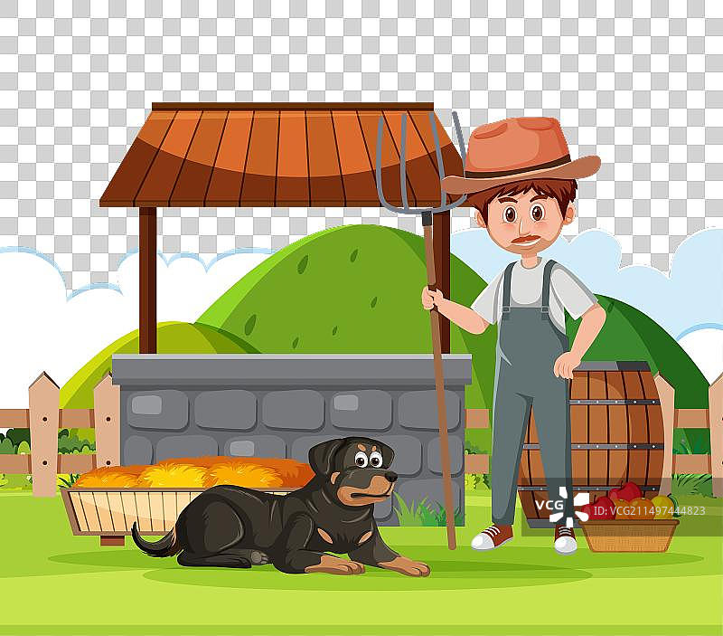 男人在农场景观中手持花园叉图片素材