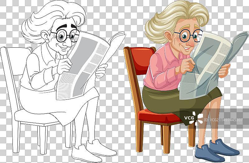 戴眼镜的老奶奶在复古椅子上看书图片素材