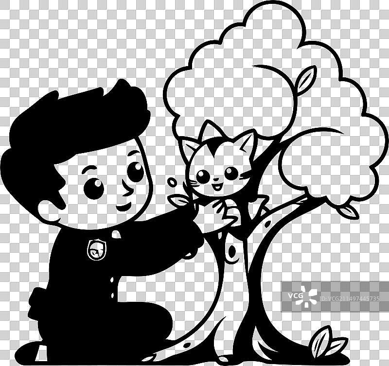 一个男孩抱着树，一只狗坐在旁边的卡通画图片素材