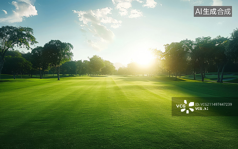【AI数字艺术】阳光下的高尔夫球场绿色草地背景图片素材