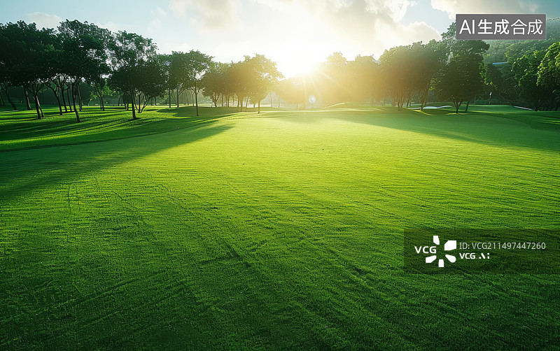 【AI数字艺术】阳光下的高尔夫球场绿色草地背景图片素材