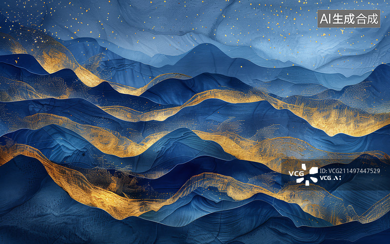 【AI数字艺术】蓝金抽象地形纹理山水画国风壁画装饰画图片素材