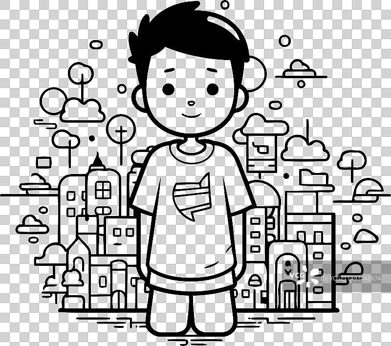 在城市里看书的可爱小男孩图片素材