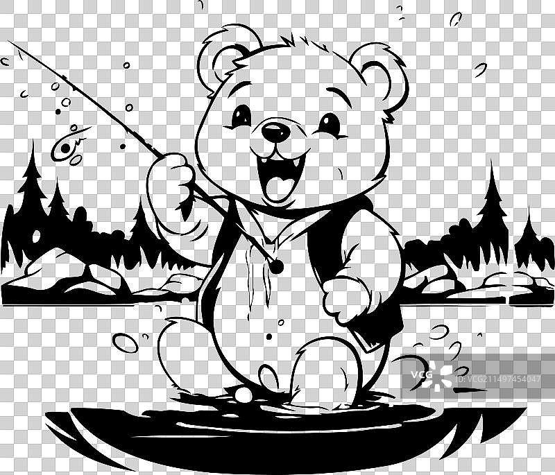 在河里钓鱼的可爱卡通熊剪贴画图片素材