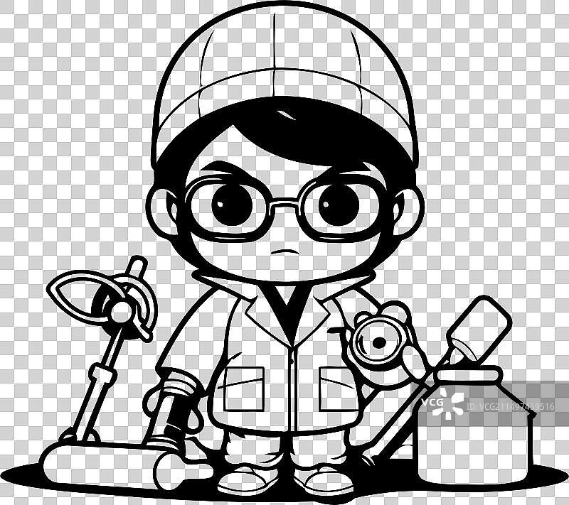 穿着实验服的可爱的卡通男孩拿着工具图片素材