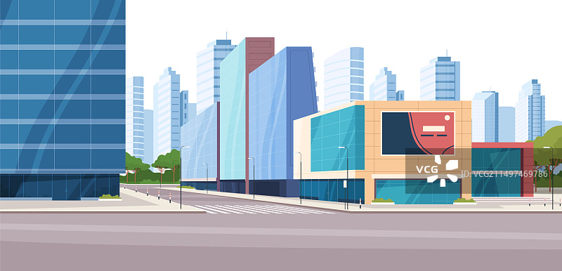 带有公园、房屋和购物场所的城市景观图片素材