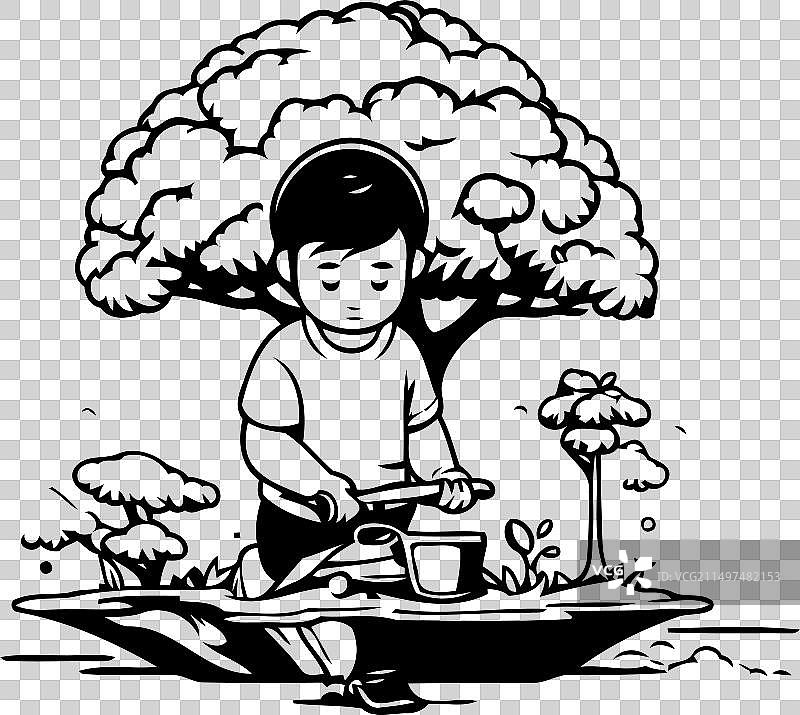 可爱的男孩在花园里给树浇水图片素材