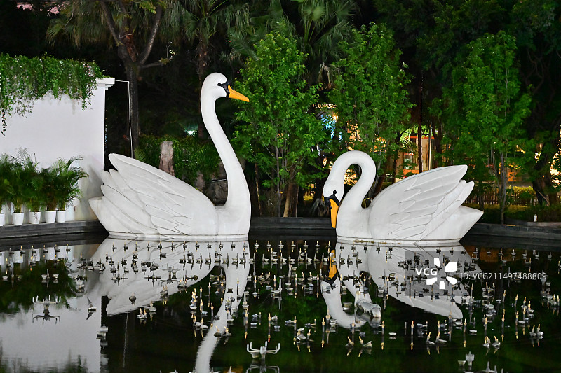 夜晚重庆市江北区观音桥的天鹅喷泉图片素材