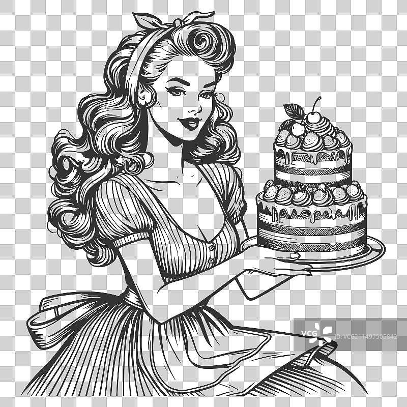 女人展示分层蛋糕雕刻图片素材