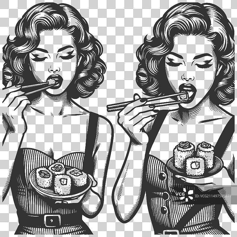 享用寿司卷雕刻的女人图片素材