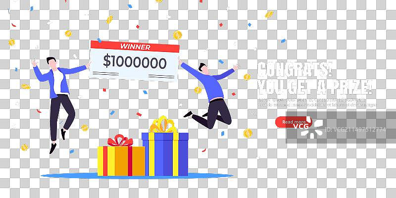 快乐的彩票中奖者与巨额奖金支票图片素材