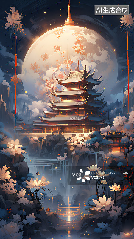 【AI数字艺术】月光下的宝塔图片素材