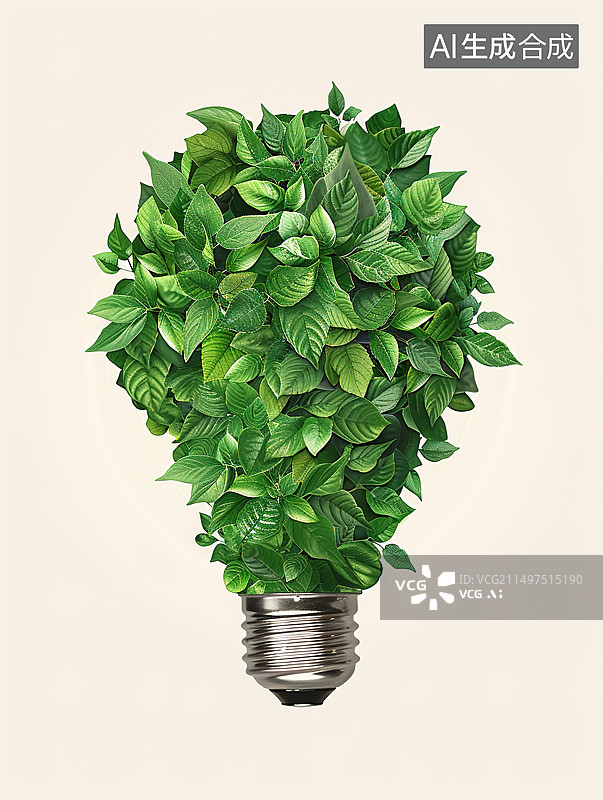 【AI数字艺术】纯色背景下由许多树叶组成的电灯泡创意插画——绿色能源和节能概念图片素材