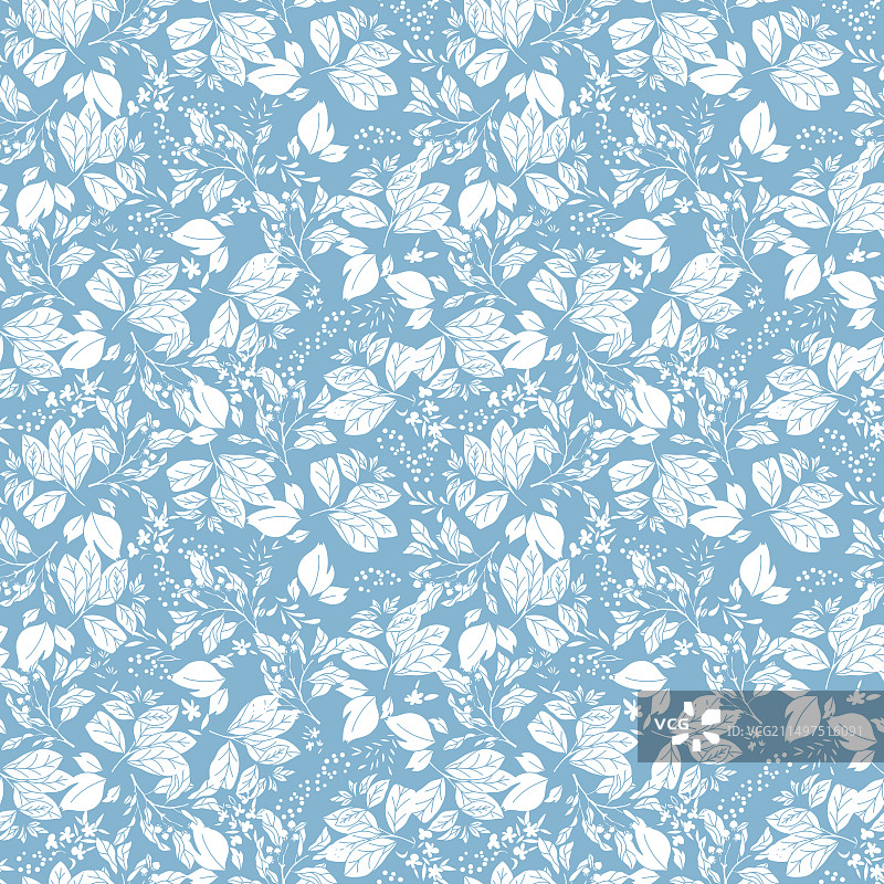 蓝色单色树叶和浆果无缝图案图片素材