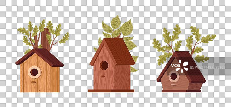 手绘橡树上的木制鸟舍图片素材