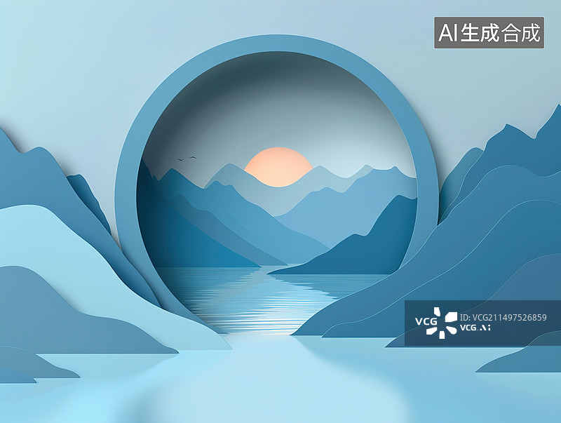 【AI数字艺术】蓝白山水剪纸风格电商平台图片素材