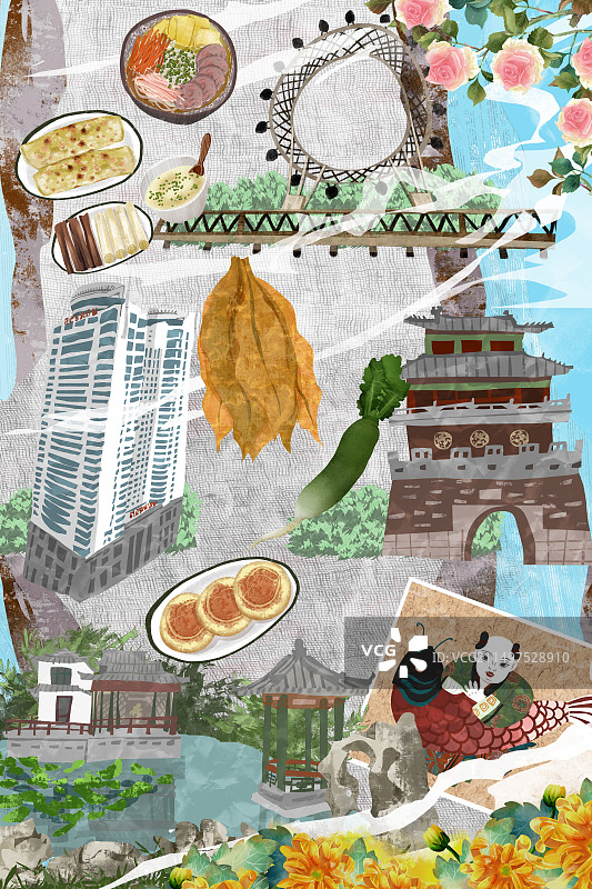 潍坊市建筑人文美食插画图片素材