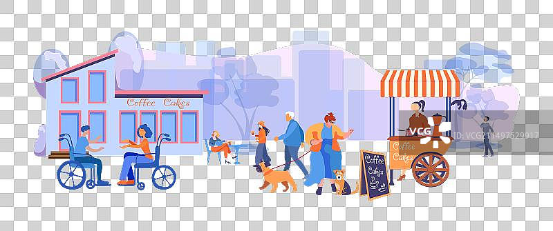 人们走在城市街道上，树木林立，一位女士图片素材