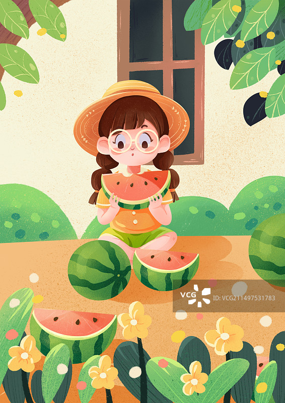 夏日大暑小暑吃西瓜插画图片素材