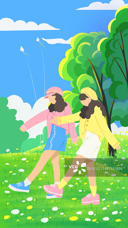 春日阳光散步的姐妹图片素材