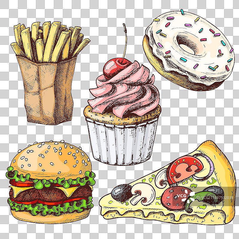 一组彩色快餐速写图片素材