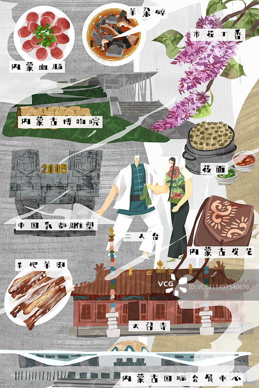 呼和浩特市建筑人文美食插画图片素材