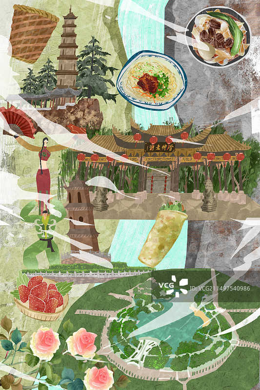 阜阳市建筑人文美食插画图片素材