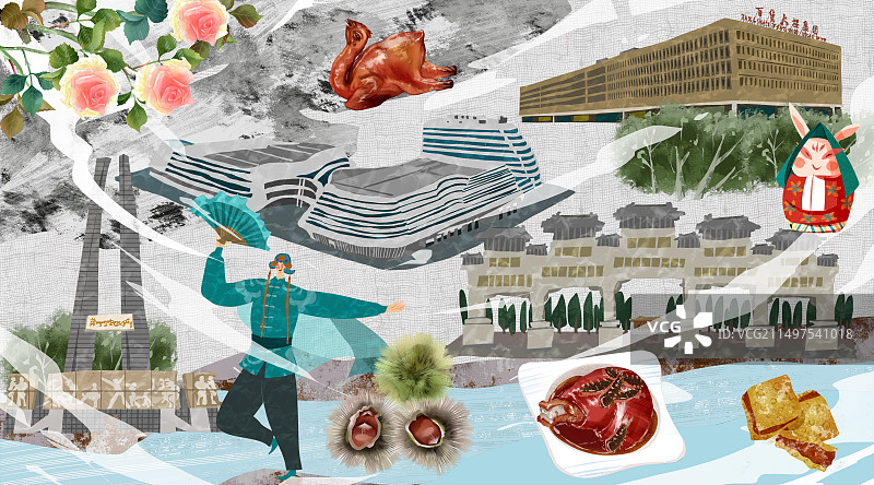 唐山市建筑人文美食插画图片素材