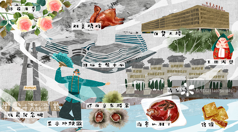 唐山市建筑人文美食插画图片素材
