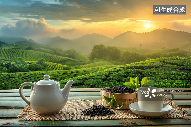 【AI数字艺术】茶山 茶壶 茶水图片素材