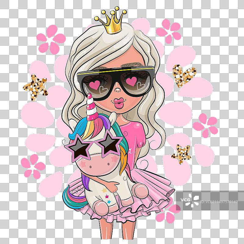 卡通女孩：戴眼镜的独角兽公主图片素材