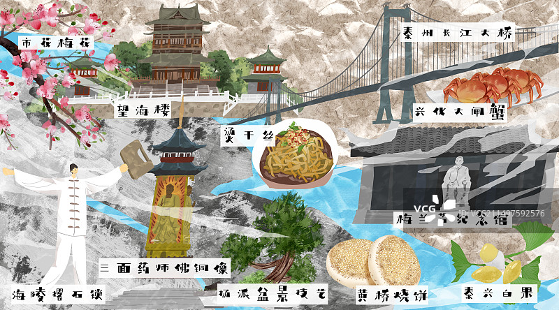 泰州市建筑人文美食插画图片素材