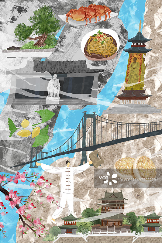 泰州市建筑人文美食插画图片素材