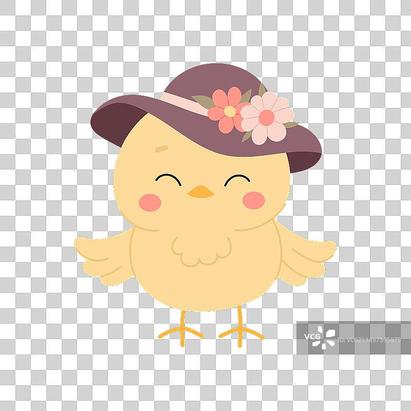 戴着花帽的可爱小鸡角色图片素材