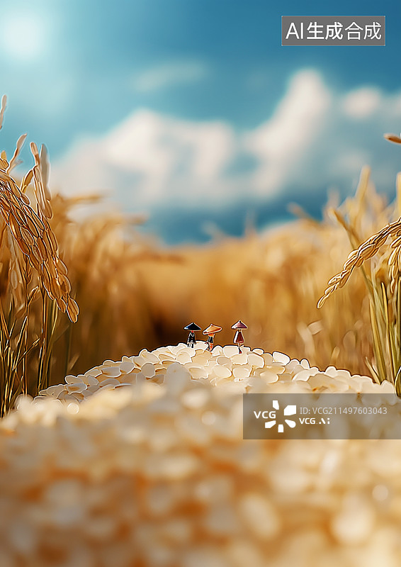 【AI数字艺术】微缩世界小人偶在大米粒的山上图片素材