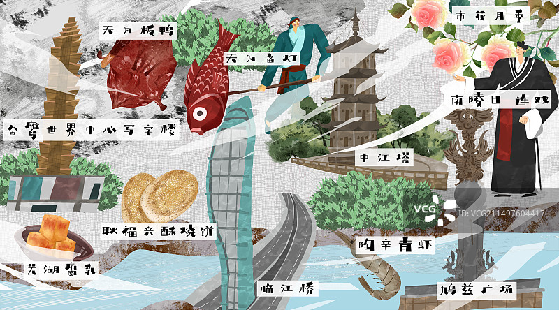 芜湖市建筑人文美食插画图片素材