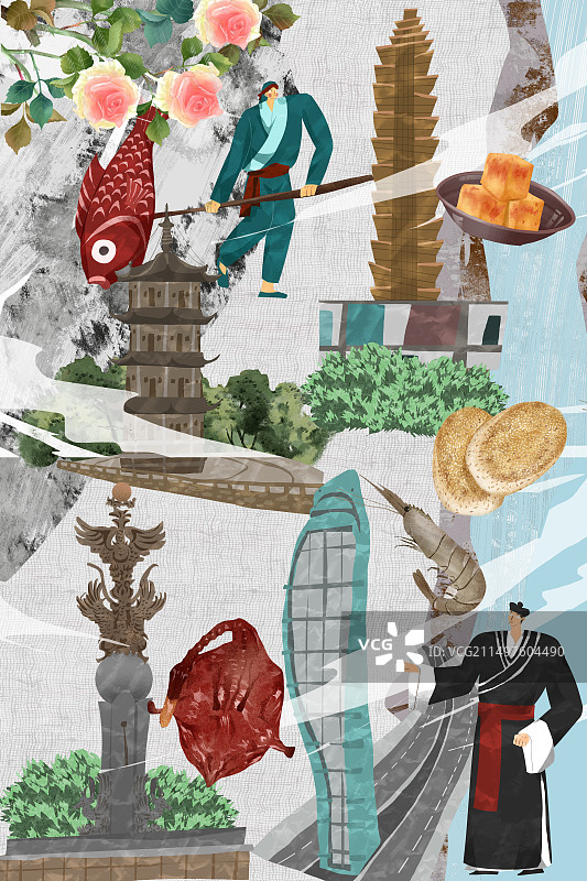 芜湖市建筑人文美食插画图片素材