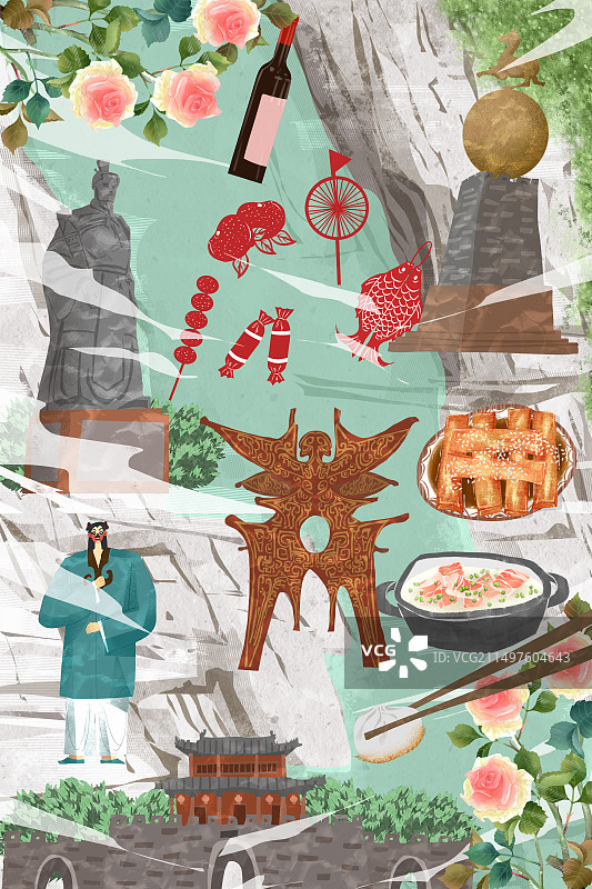 商丘市建筑人文美食插画图片素材
