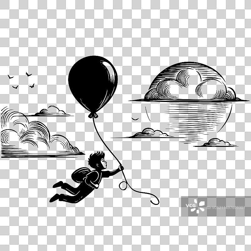 在天空中放气球的男孩图片素材