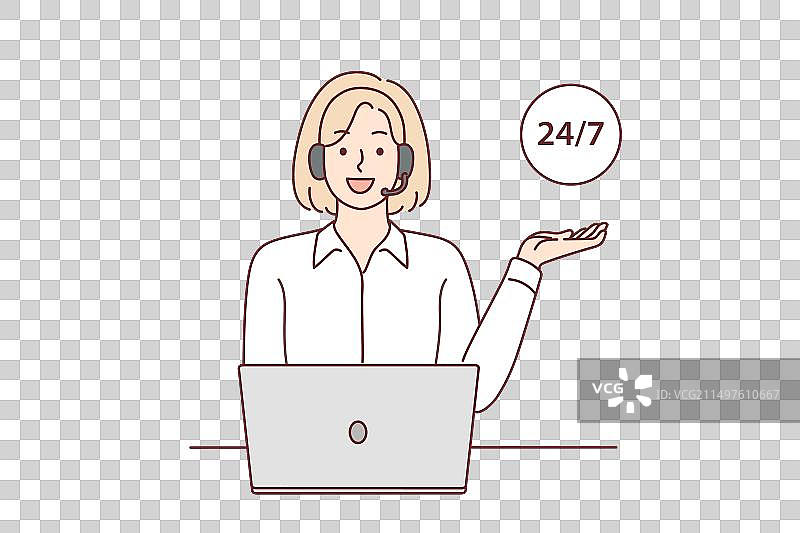 微笑的女接线员戴着耳机工作图片素材